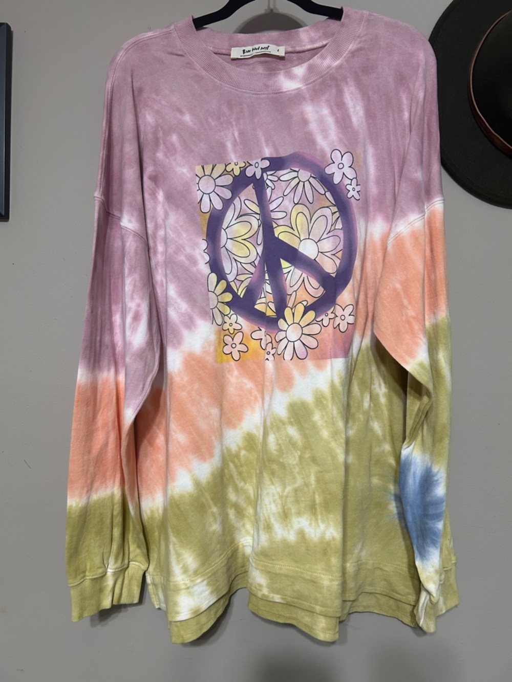 Three Bird Nest Pastel Pink Tie-Dye Floral Peace Graphic Top